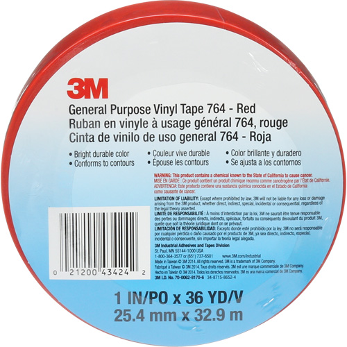 764 General-Purpose Vinyl Tape, 25.4 mm (1") W x 32.9 m (108') L, 5 mils, Red D. Morneault & Fils