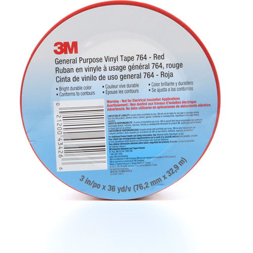 764 General-Purpose Vinyl Tape, 76 mm (3") W x 32.9 m (108') L, 5 mils, Red D. Morneault & Fils