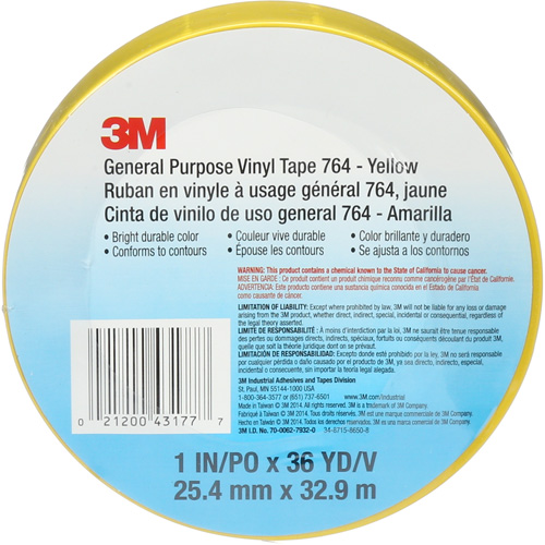 Ruban en vinyle pour travaux g&eacute;n&eacute;raux 764, 25,4 mm (1") la x 32,9 m (108') lo, 5 mils, Jaune D. Morneault & Fils