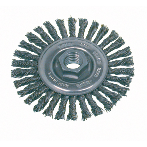 Brosse rotative &agrave; fils nou&eacute;s pour petites meuleuses haute vitesse, pour passe de fond, Dia. 4", Fils 0,02", Arbre 5/8"-11, Acier D. Morneault & Fils