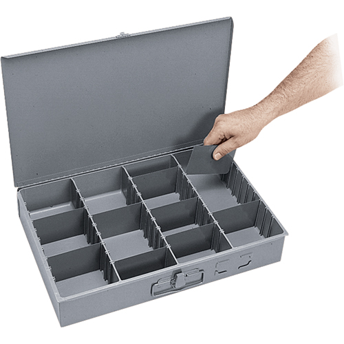 Adjustable Compartment Boxes, Steel, Variable Slots, 18" W x 12" D x 3" H, Grey D. Morneault & Fils