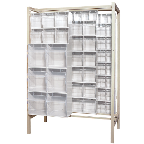 Syst&egrave;me de stockage &agrave; glissi&egrave;re &agrave; bacs basculants autonome, 51-1/4" la x 26" p x 77" h, 101 tiroirs D. Morneault & Fils