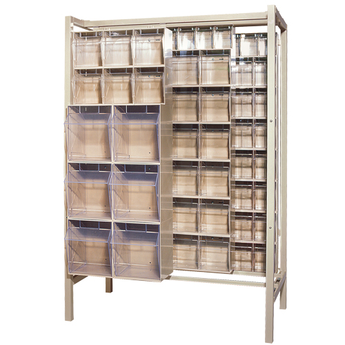 Syst&egrave;me de stockage &agrave; glissi&egrave;re &agrave; bacs basculants autonome, 51-1/4" la x 26" p x 77" h, 101 tiroirs D. Morneault & Fils