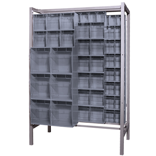 Syst&egrave;me de stockage &agrave; glissi&egrave;re &agrave; bacs basculants autonome, 51-1/4" la x 26" p x 77" h, 101 tiroirs D. Morneault & Fils