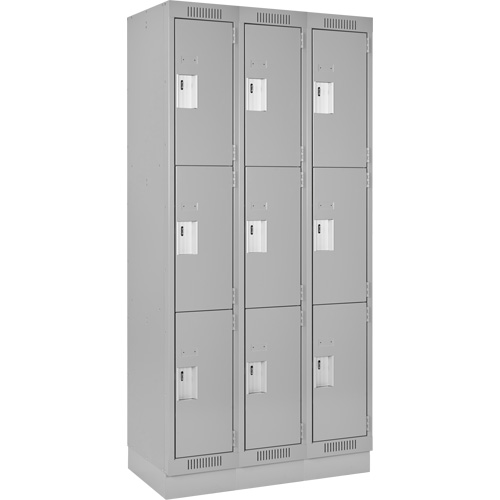 Clean Line Lockers, 3 -tier, Bank of 3, 36" x 18" x 76", Steel, Grey, Rivet (Assembled) D. Morneault & Fils