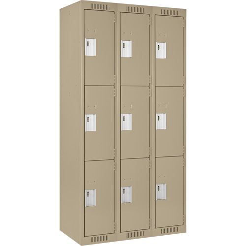 Clean Line Lockers, 3 -tier, Bank of 3, 36" x 18" x 72", Steel, Beige, Rivet (Assembled) D. Morneault & Fils
