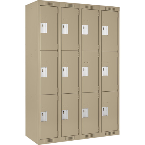 Clean Line Lockers, 3 -tier, Bank of 4, 48" x 18" x 72", Steel, Beige, Rivet (Assembled) D. Morneault & Fils