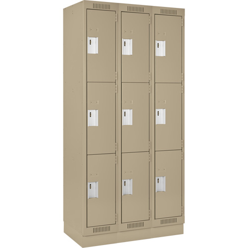 Clean Line Lockers, 3 -tier, Bank of 3, 36" x 18" x 76", Steel, Beige, Rivet (Assembled) D. Morneault & Fils