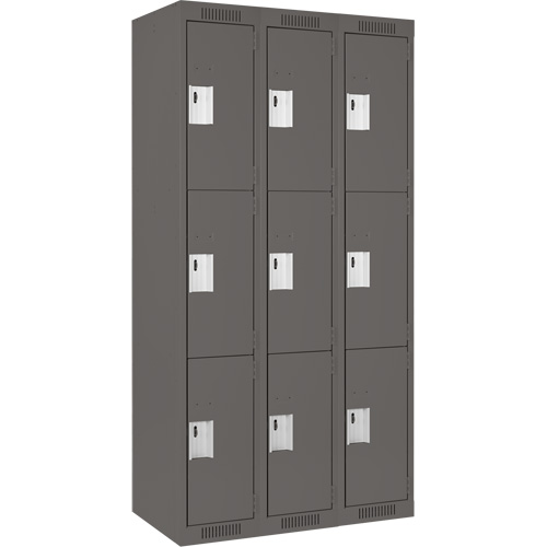 Clean Line Lockers, 3 -tier, Bank of 3, 36" x 18" x 72", Steel, Charcoal, Rivet (Assembled) D. Morneault & Fils