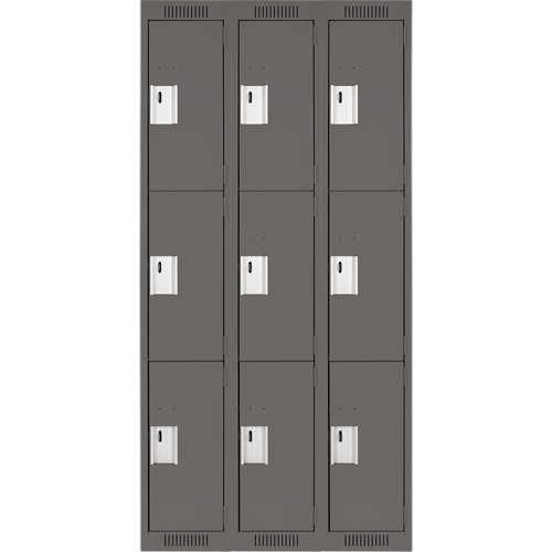 Clean Line Lockers, 3 -tier, Bank of 3, 36" x 18" x 72", Steel, Charcoal, Rivet (Assembled) D. Morneault & Fils