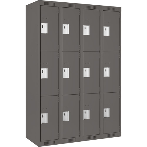 Clean Line Lockers, 3 -tier, Bank of 4, 48" x 18" x 72", Steel, Charcoal, Rivet (Assembled) D. Morneault & Fils