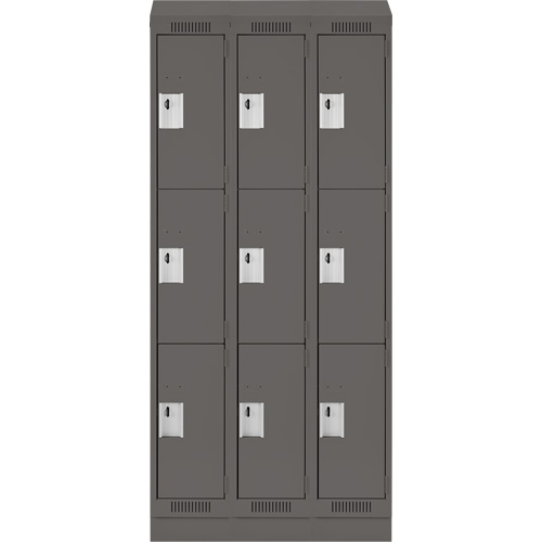 Clean Line Lockers, 3 -tier, Bank of 3, 36" x 18" x 82", Steel, Charcoal, Rivet (Assembled) D. Morneault & Fils