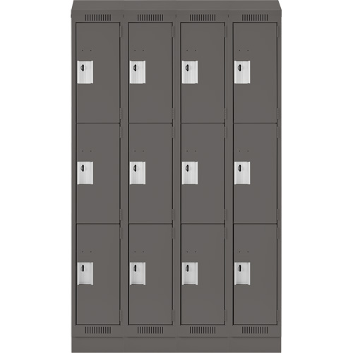Clean Line Lockers, 3 -tier, Bank of 4, 48" x 18" x 82", Steel, Charcoal, Rivet (Assembled) D. Morneault & Fils
