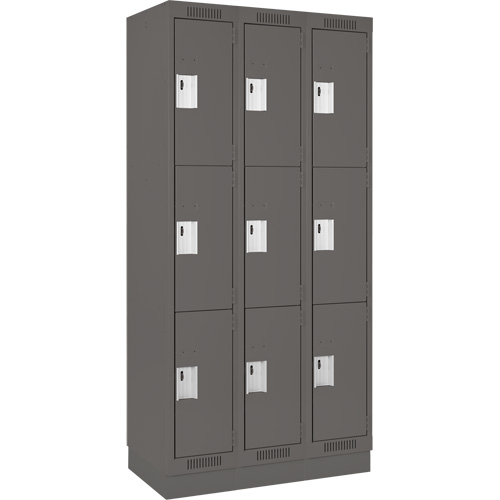 Clean Line Lockers, 3 -tier, Bank of 3, 36" x 18" x 76", Steel, Charcoal, Rivet (Assembled) D. Morneault & Fils