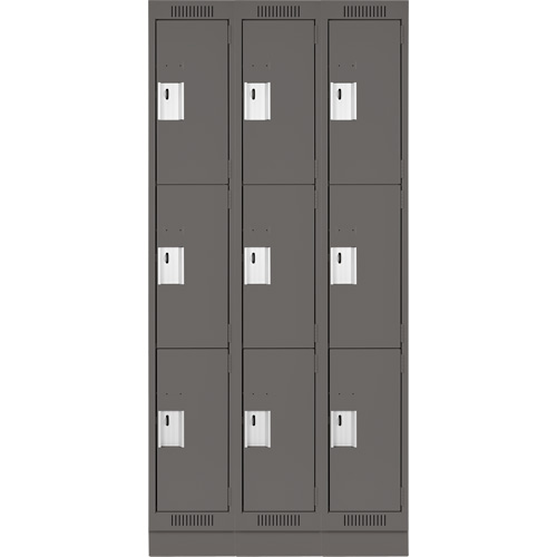 Clean Line Lockers, 3 -tier, Bank of 3, 36" x 18" x 76", Steel, Charcoal, Rivet (Assembled) D. Morneault & Fils