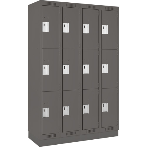 Clean Line Lockers, 3 -tier, Bank of 4, 48" x 18" x 76", Steel, Charcoal, Rivet (Assembled) D. Morneault & Fils