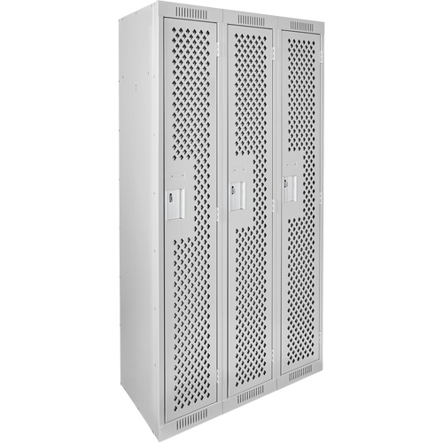 Clean Line Lockers, Bank of 3, 36" x 12" x 72", Steel, Grey, Rivet (Assembled), Perforated D. Morneault & Fils