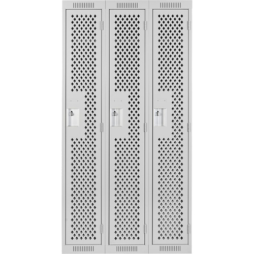 Clean Line Lockers, Bank of 3, 36" x 12" x 72", Steel, Grey, Rivet (Assembled), Perforated D. Morneault & Fils
