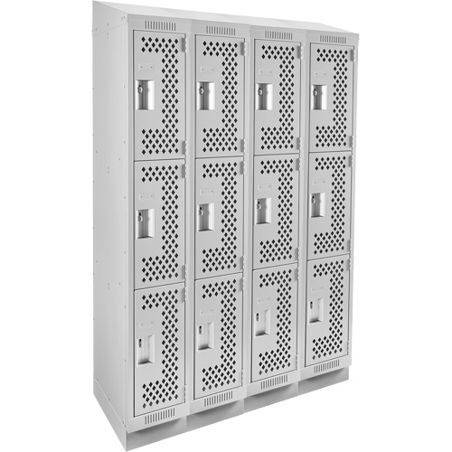 Clean Line Lockers, 3 -tier, Bank of 4, 48" x 18" x 82", Steel, Grey, Rivet (Assembled), Perforated D. Morneault & Fils