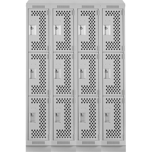 Clean Line Lockers, 3 -tier, Bank of 4, 48" x 18" x 82", Steel, Grey, Rivet (Assembled), Perforated D. Morneault & Fils