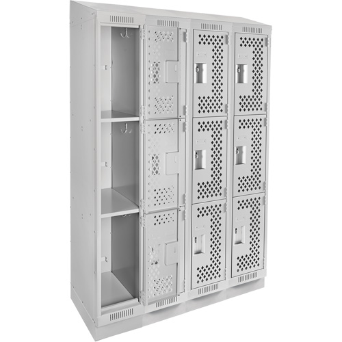 Clean Line Lockers, 3 -tier, Bank of 4, 48" x 18" x 82", Steel, Grey, Rivet (Assembled), Perforated D. Morneault & Fils
