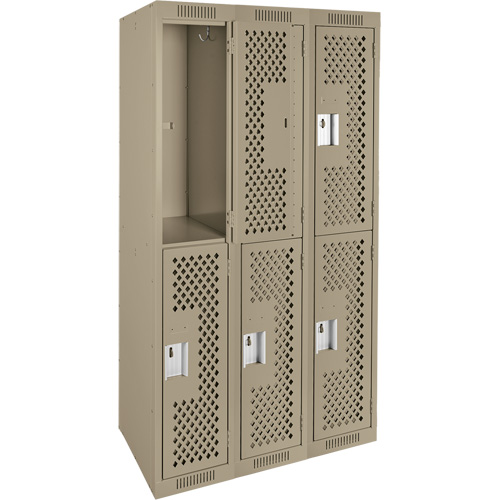 Clean Line Lockers, 2 -tier, Bank of 3, 36" x 12" x 72", Steel, Beige, Rivet (Assembled), Perforated D. Morneault & Fils