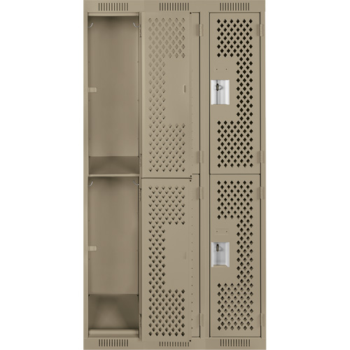 Clean Line Lockers, 2 -tier, Bank of 3, 36" x 12" x 72", Steel, Beige, Rivet (Assembled), Perforated D. Morneault & Fils