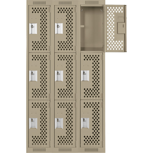 Clean Line Lockers, 3 -tier, Bank of 3, 36" x 12" x 72", Steel, Beige, Rivet (Assembled), Perforated D. Morneault & Fils