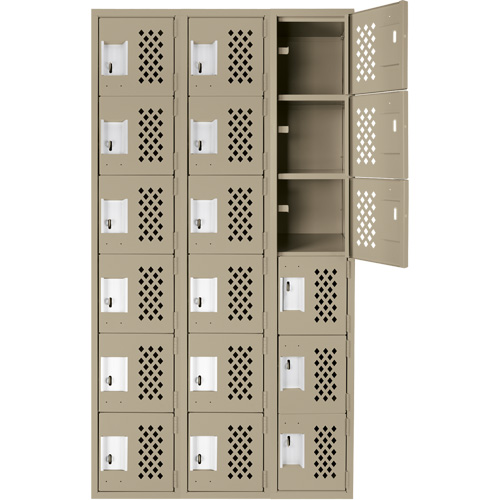 Assembled Lockerettes Clean Line Perforated Economy Lockers, 6 -tier, Bank of 3, 18" x 72" x 12", Steel D. Morneault & Fils