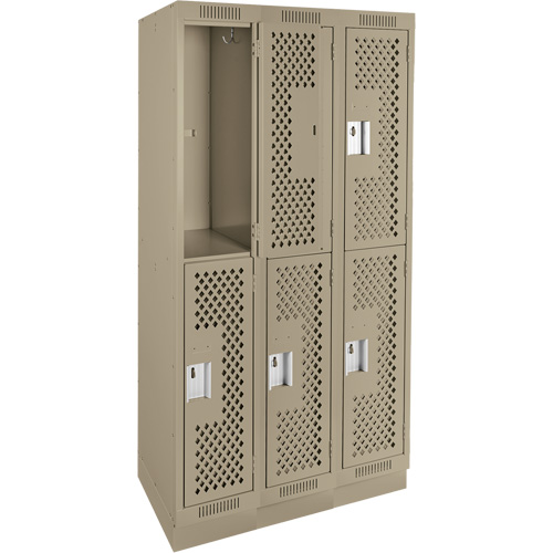 Casiers Clean Line, 2 niveaux, Bloc de 3, 36" x 12" x 76", Acier, Beige, Rivet (assembl&eacute;), Perfor&eacute; D. Morneault & Fils