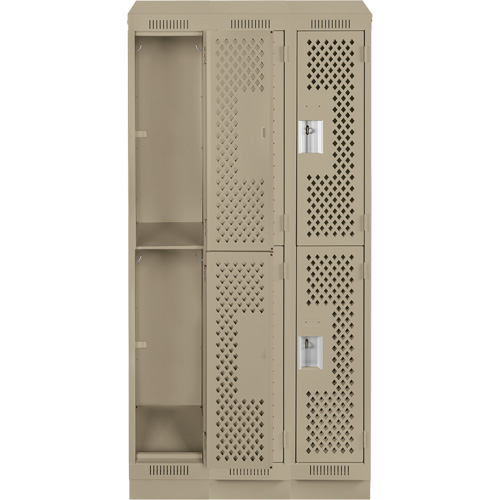 Clean Line Lockers, 2 -tier, Bank of 3, 36" x 15" x 82", Steel, Beige, Rivet (Assembled), Perforated D. Morneault & Fils