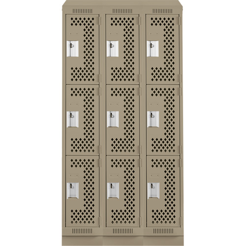 Clean Line Lockers, 3 -tier, Bank of 3, 36" x 18" x 82", Steel, Beige, Rivet (Assembled), Perforated D. Morneault & Fils