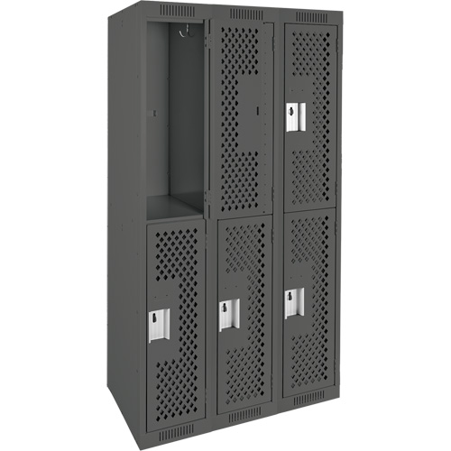 Clean Line Lockers, 2 -tier, Bank of 3, 36" x 12" x 72", Steel, Charcoal, Rivet (Assembled), Perforated D. Morneault & Fils