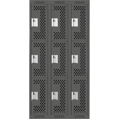 Clean Line Lockers, 3 -tier, Bank of 3, 36" x 12" x 72", Steel, Charcoal, Rivet (Assembled), Perforated D. Morneault & Fils