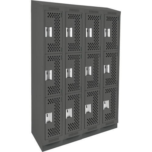 Clean Line Lockers, 3 -tier, Bank of 4, 48" x 18" x 82", Steel, Charcoal, Rivet (Assembled), Perforated D. Morneault & Fils