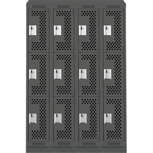 Clean Line Lockers, 3 -tier, Bank of 4, 48" x 18" x 82", Steel, Charcoal, Rivet (Assembled), Perforated D. Morneault & Fils