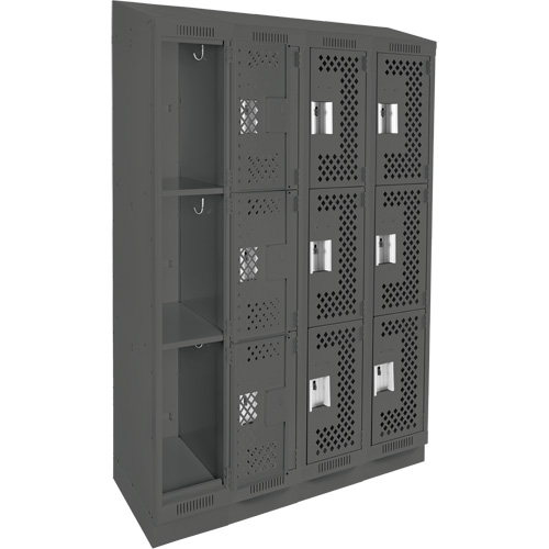Clean Line Lockers, 3 -tier, Bank of 4, 48" x 18" x 82", Steel, Charcoal, Rivet (Assembled), Perforated D. Morneault & Fils