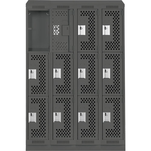 Clean Line Lockers, 3 -tier, Bank of 4, 48" x 18" x 82", Steel, Charcoal, Rivet (Assembled), Perforated D. Morneault & Fils