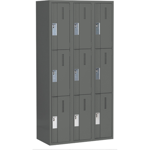 Concorde Heavy-Duty Lockers, 3 -tier, Bank of 3, 36" x 18" x 72", Steel, Charcoal, Welded (Assembled) D. Morneault & Fils
