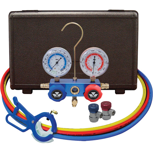 Automotive Manifold Gauge Set with Manual Couplers & 3-in-1 Side Mount Can Tap Valve D. Morneault & Fils