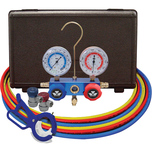 Dual Manifold Gauge Set with Manual Couplers & 3-in-1 Side Mount Can Tap Valve D. Morneault & Fils