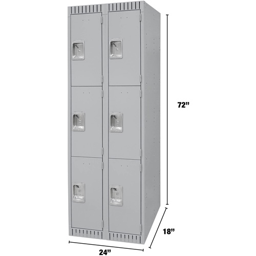 Lockers, 3 -tier, Bank of 2, 24" x 18" x 72", Steel, Grey, Knocked Down D. Morneault & Fils