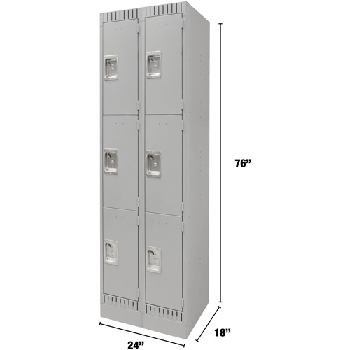 Lockers, 3 -tier, Bank of 2, 24" x 18" x 76", Steel, Grey, Knocked Down D. Morneault & Fils