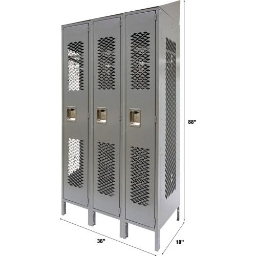 Vented Lockers, Bank of 3, 36" x 18" x 88", Steel, Grey, Knocked Down, Perforated D. Morneault & Fils