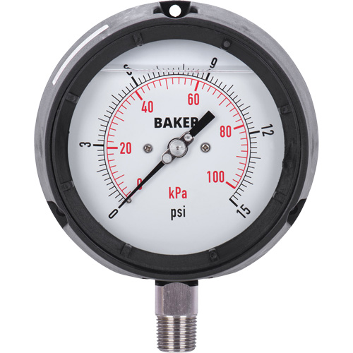 Manom&egrave;tre,  4-1/2", 0 - 15 psi/0 - 100 kPa, Fixation inf&eacute;rieure, Analogique rempli de liquide D. Morneault & Fils