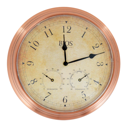 3-in-1 Outdoor Clock, Analog, Battery Operated, 14" Dia., Brown D. Morneault & Fils