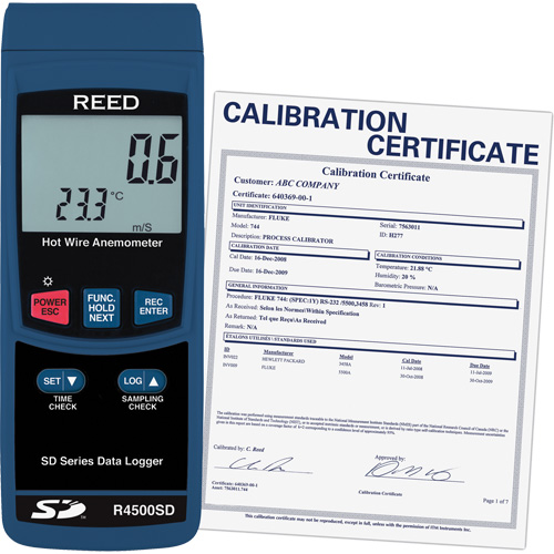 Thermo-an&eacute;mom&egrave;tres &agrave; fil chaud avec enregistrement de donn&eacute;es et certificat de calibration, Enregistrement des donn&eacute;es, Gamme de v&eacute;locit&eacute; d'air de 0,2 - 25 m/sec D. Morneault & Fils