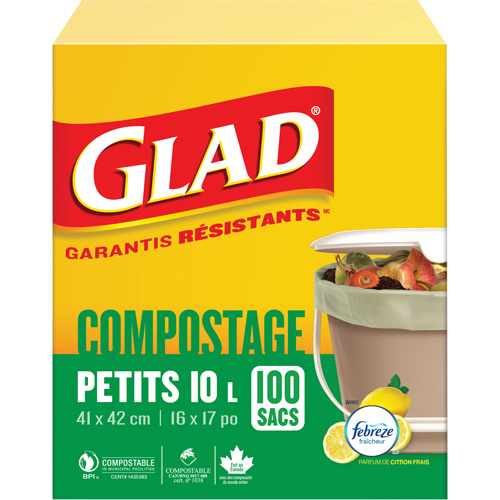 Small Compostable Bags, Regular, 17" L x 16" W, Brown, 10 L (3 Gal.) Capacity D. Morneault & Fils