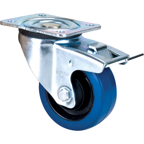 Roulette bleue, Pivotant avec frein, 4" (101,6 mm), Caoutchouc, 350 lb (158,8 kg) D. Morneault & Fils