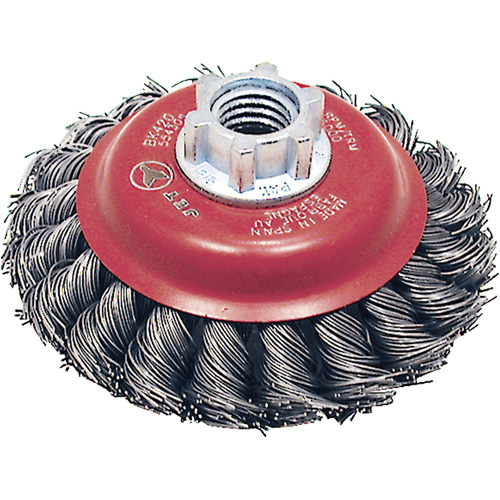 Brosse conique &agrave; fils torsad&eacute;s BK420T, Dia. 4", Fils 0,02", Arbre 5/8"-11, Acier D. Morneault & Fils